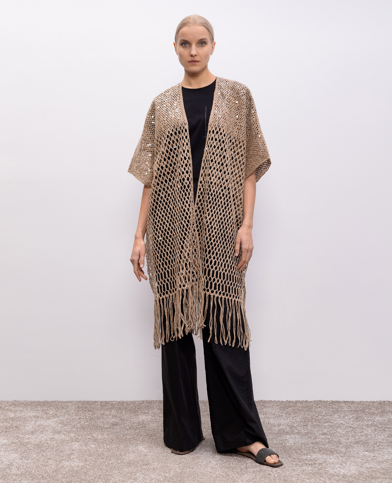 Beige openwork cardigan made of silk and linen with sequins Brunello Cucinelli 3