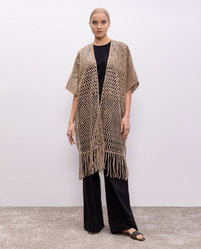 Brunello Cucinelli Beige openwork cardigan made of silk and linen with sequins MCBR02206