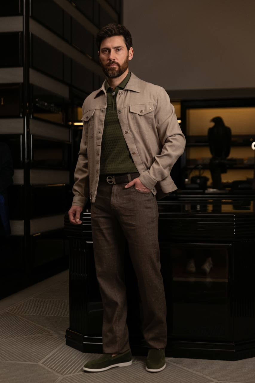 

Beige linen shirt with leather logo patch Stefano Ricci