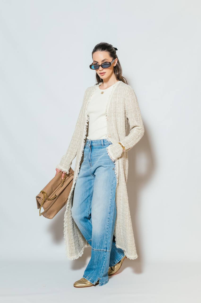 

Beige elongated cardigan with lurex Twinset