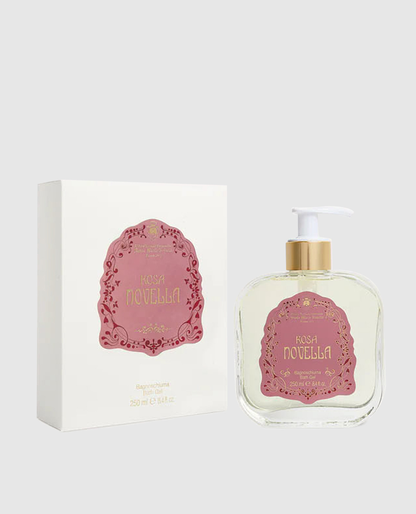 Women's shower gel rosa novella in a glass container with a dispenser of 250 ml santa maria novella