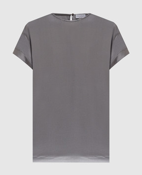 Brunello Cucinelli Gray silk top with monil chain MPC59DE310