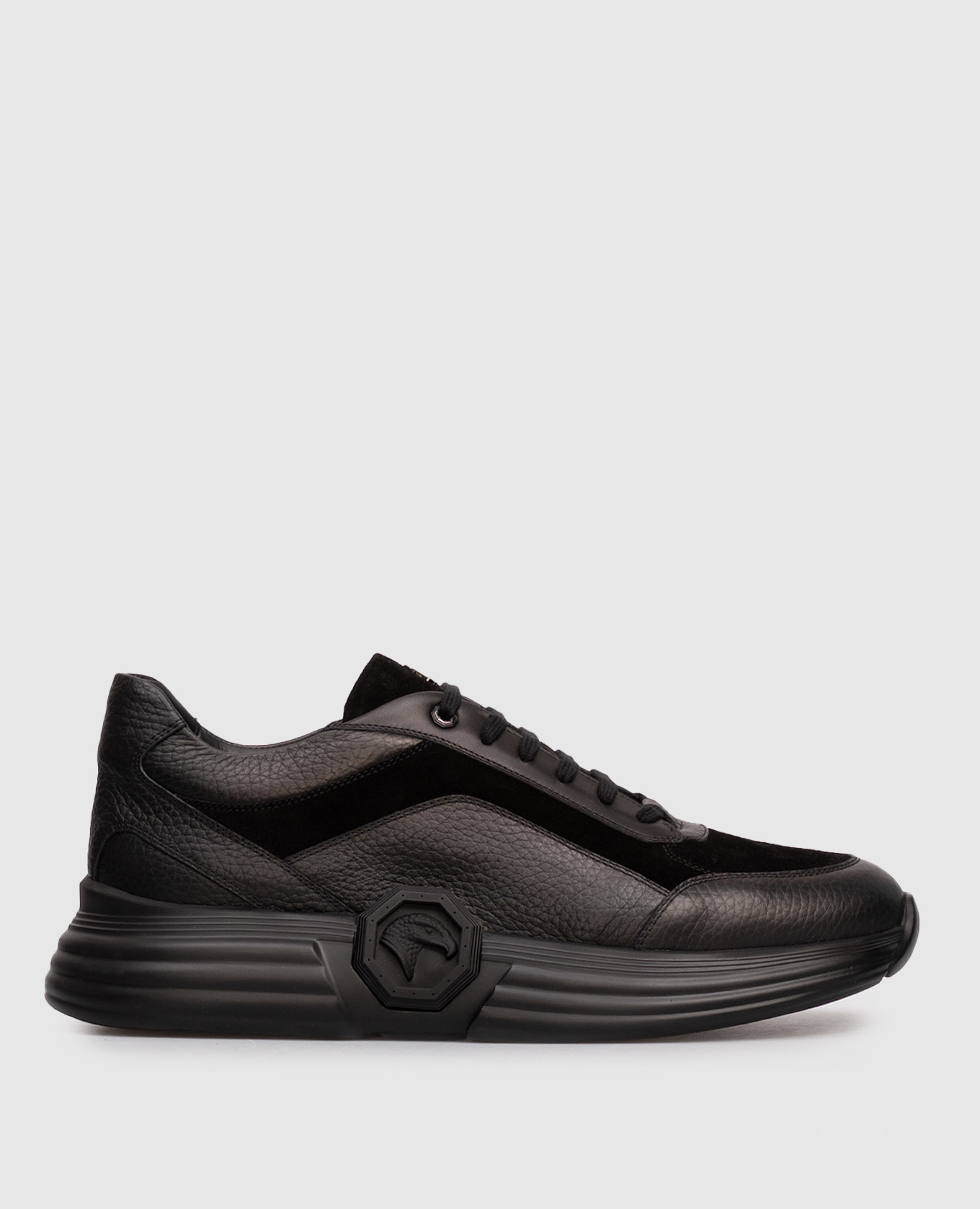 Black leather sneakers with textured emblem Stefano Ricci
