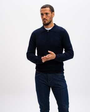 Cashmere&Whiskey Blue patterned merino wool polo shirt CH07Z