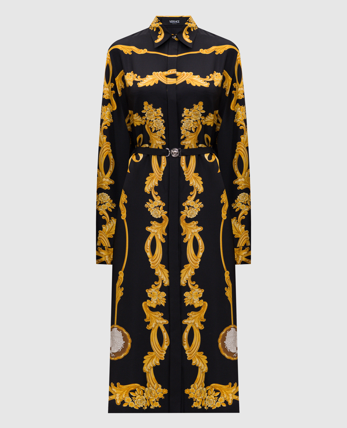 

Black printed silk shirt dress Versace