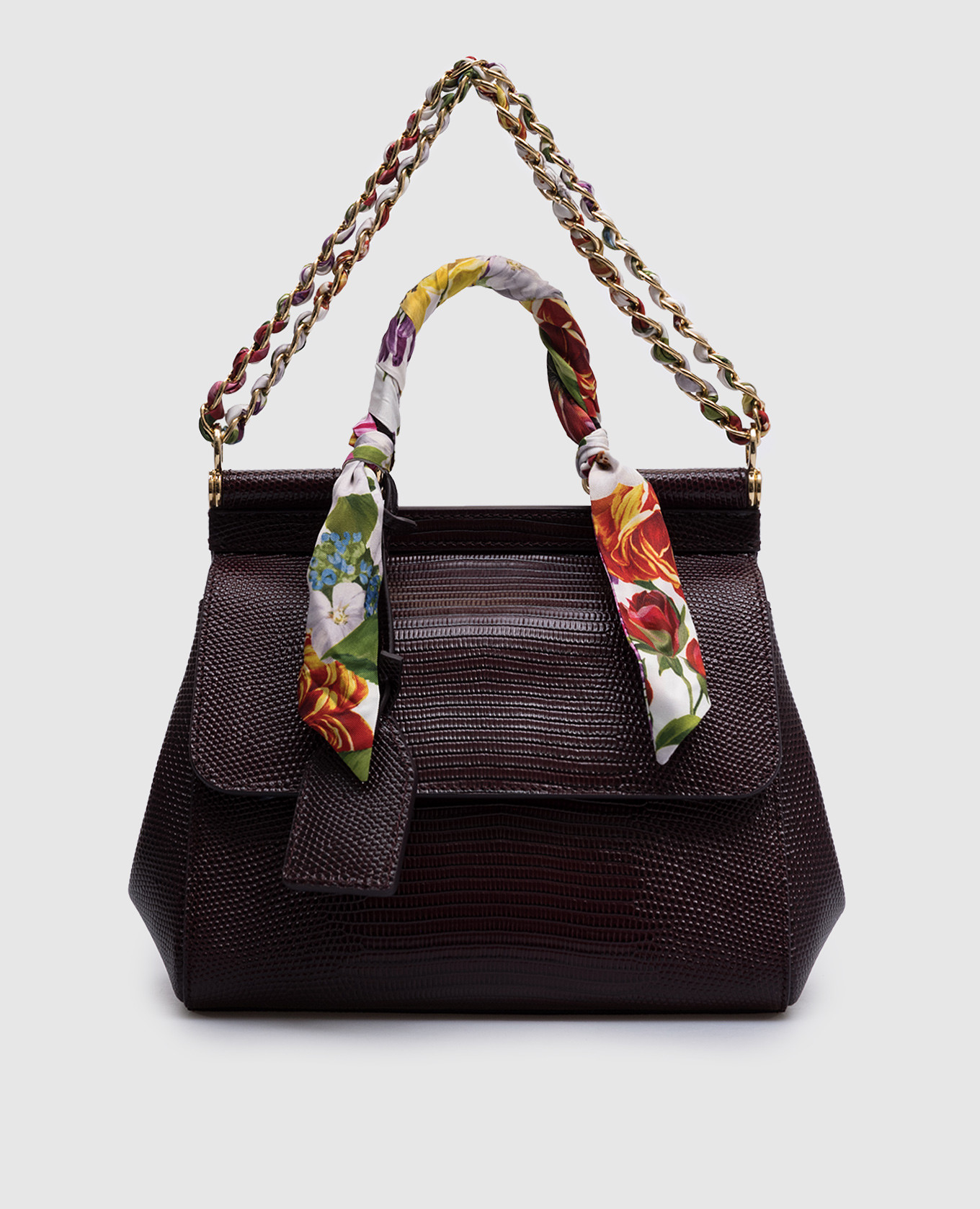 

Burgundy leather bag Sicily with embossing under the skin of a reptile with a twill handkerchief Dolce&Gabbana