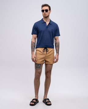 Vilebrequin Blue linen jersey polo with embroidered logo emblem PYRE9O00