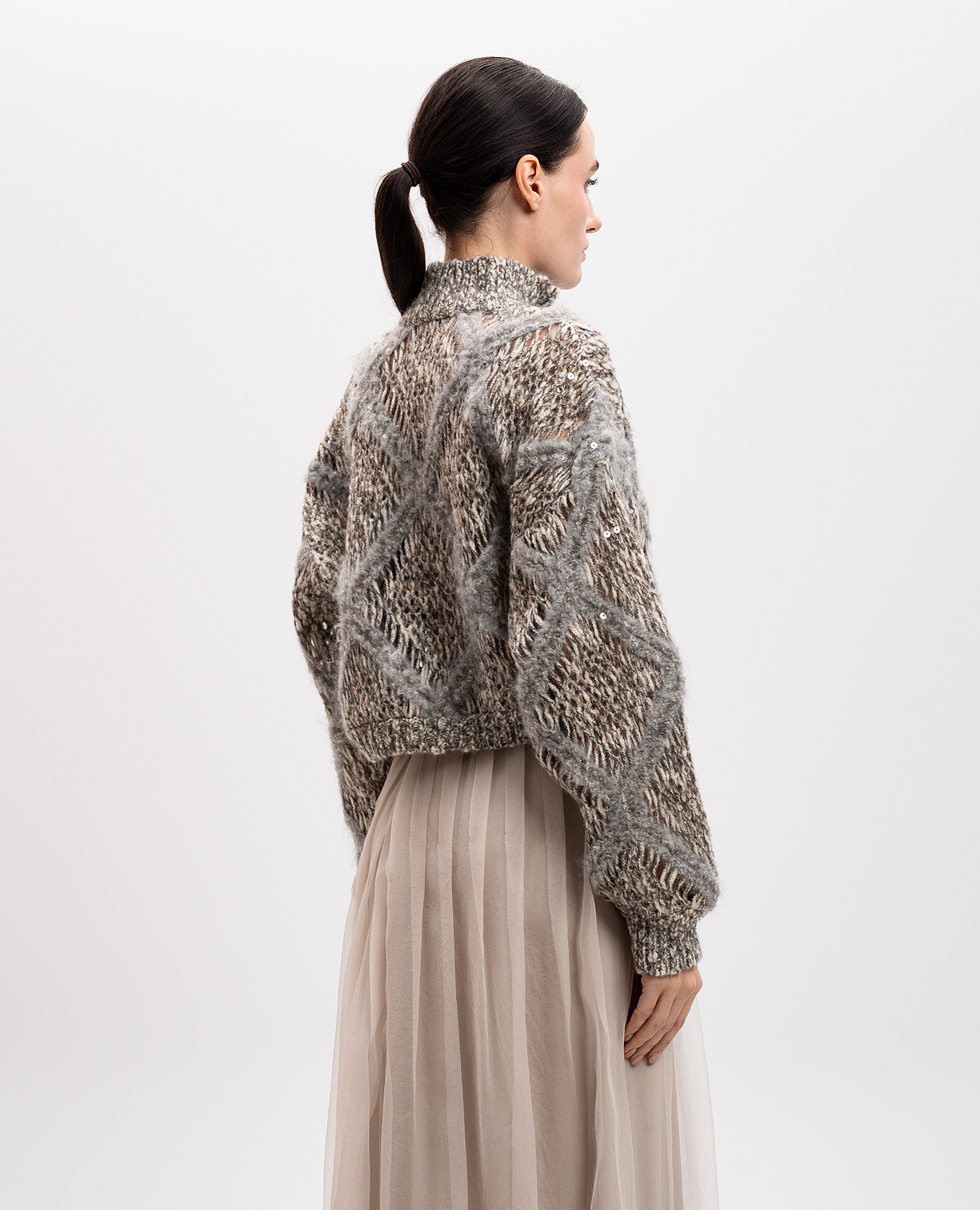 Beige openwork alpaca wool cardigan with sequins Brunello Cucinelli 4