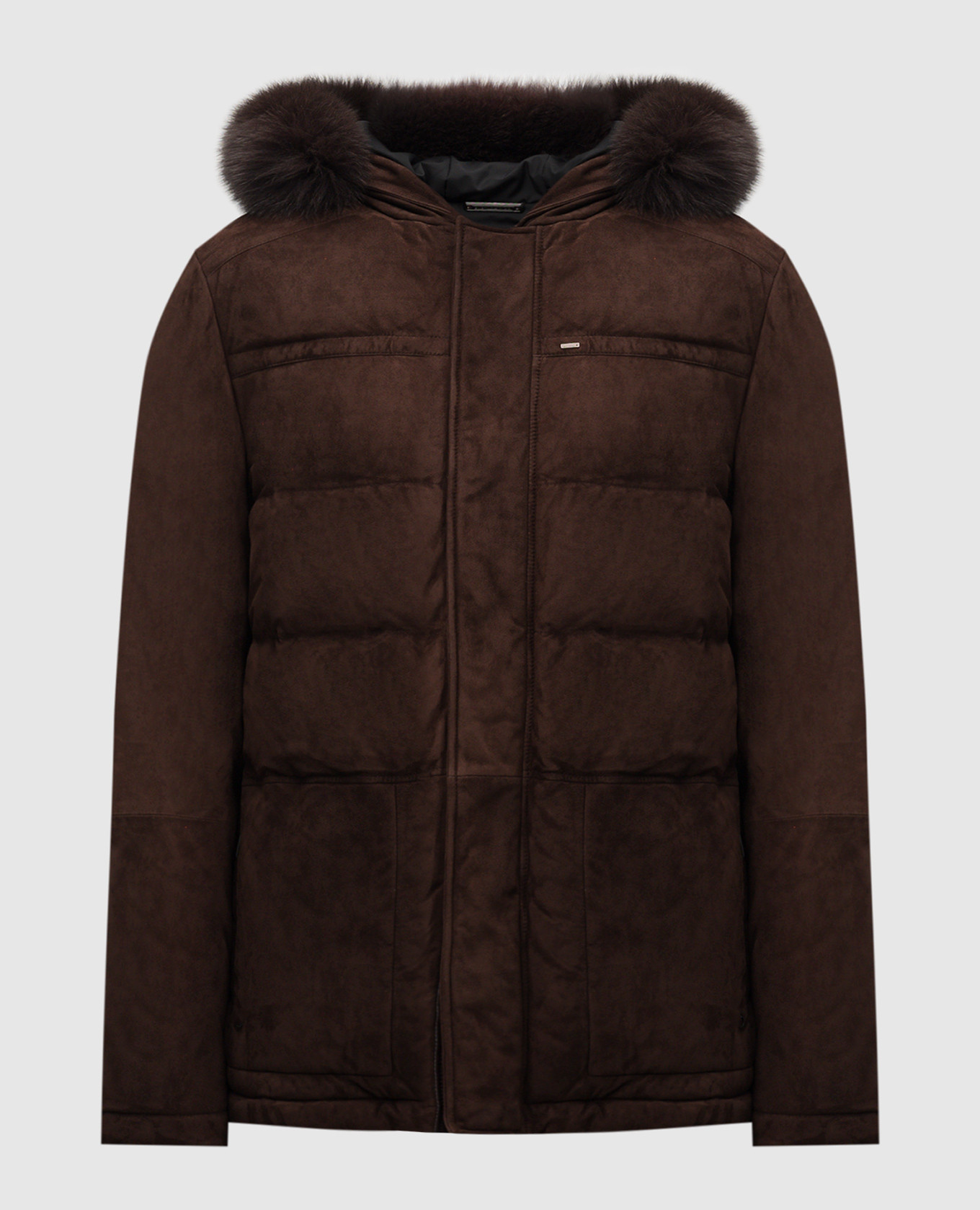 Brown suede down jacket with fox fur stefano ricci