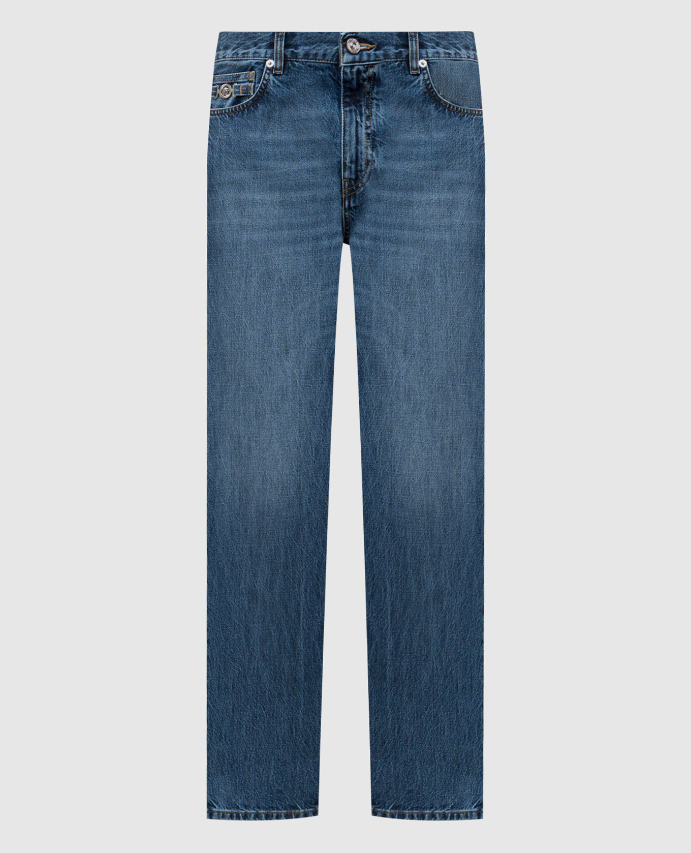 Blue jeans with leather logo patch Versace