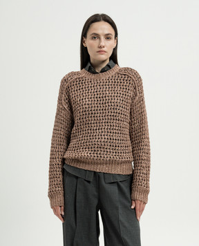 Brunello Cucinelli Brown openwork sweater with silk and linen with sequins MEA360400P