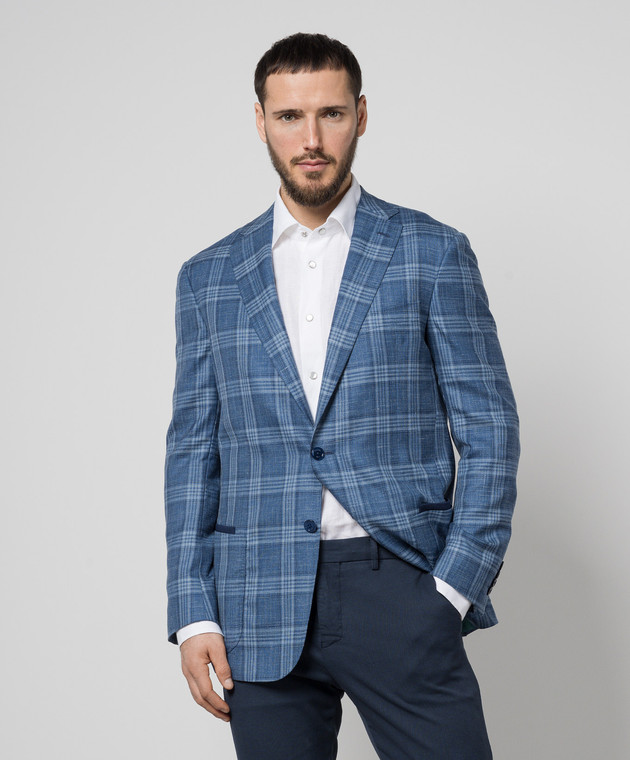 Stefano Ricci Blue check blazer made of wool, cashmere and silk