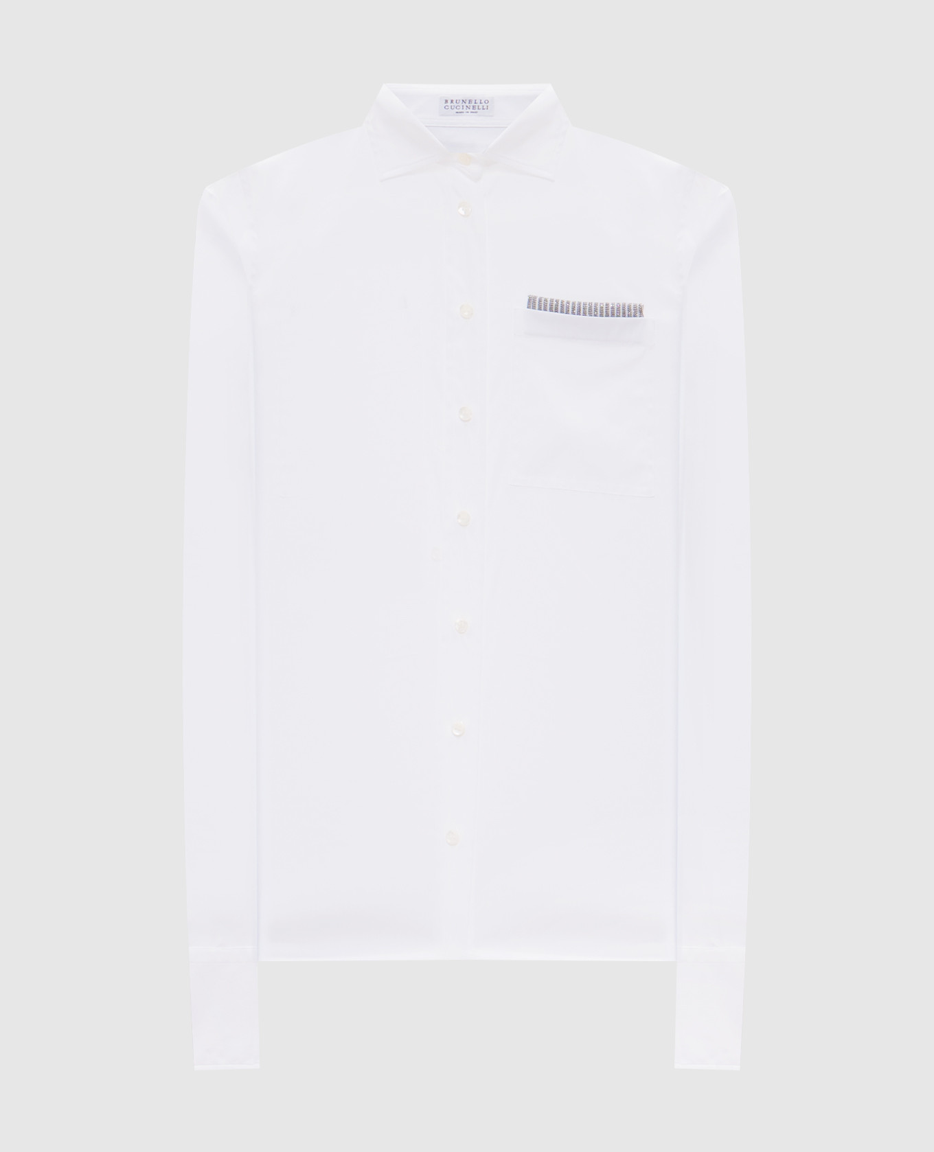 A white shirt with a monil chain made of ecolathuni brunello cucinelli