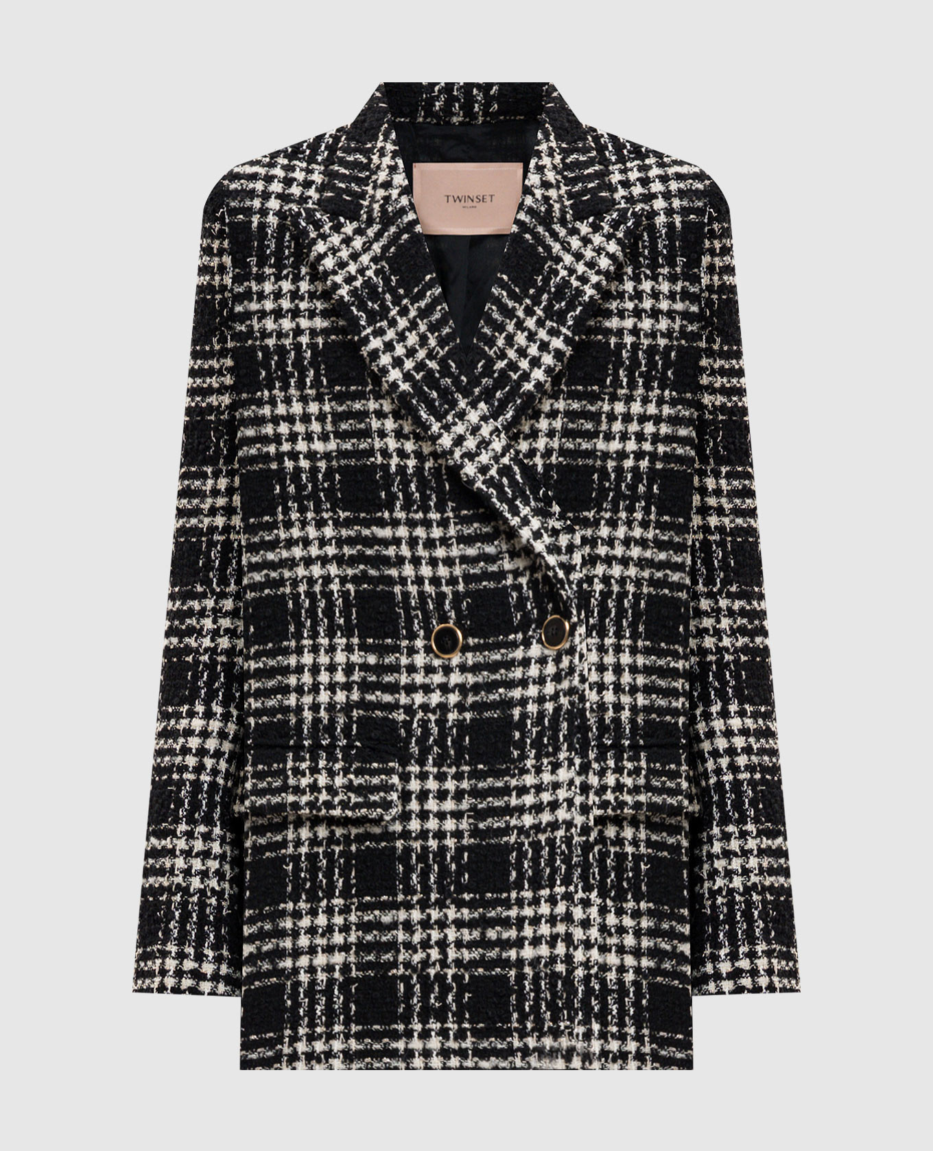 Black tweed double-breasted jacket with checked wool Twinset