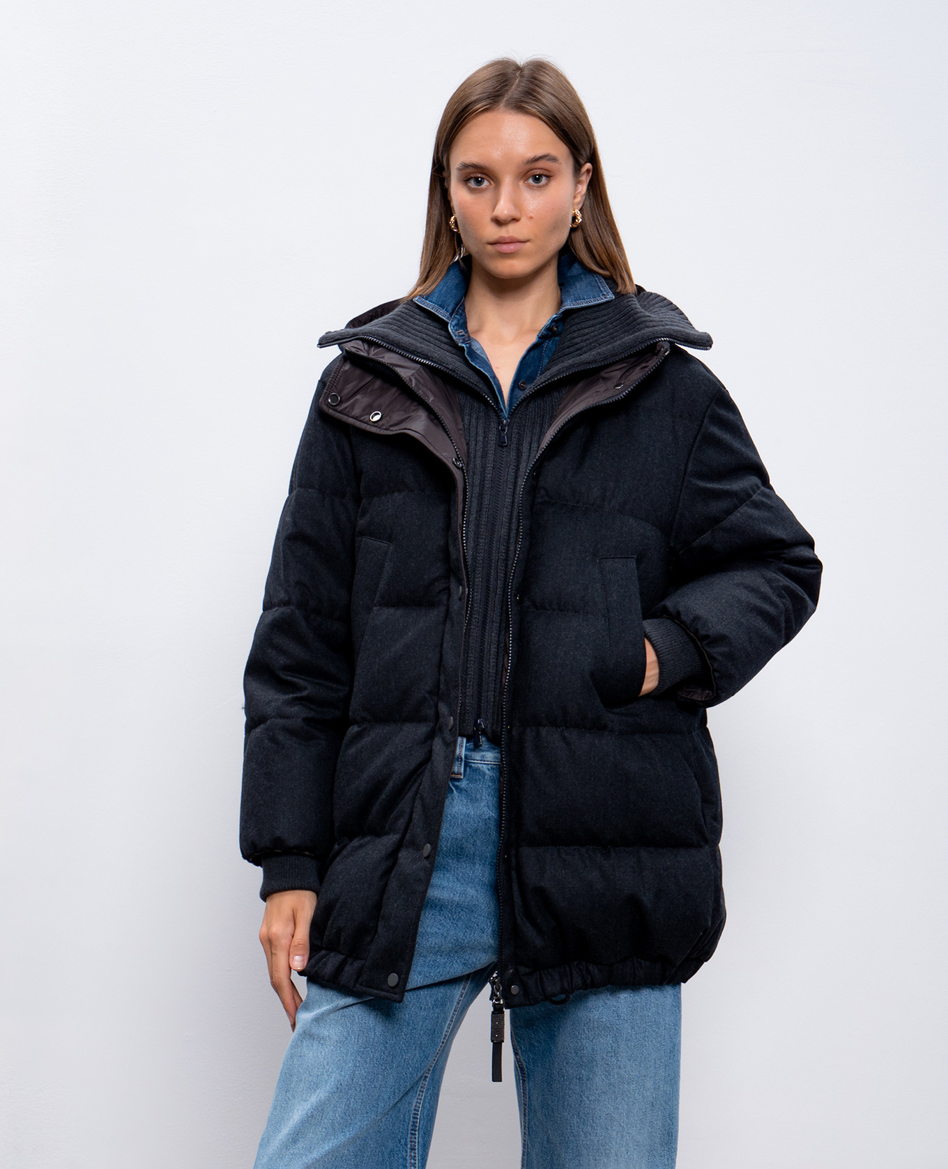

Gray wool down jacket with cashmere trim and monil chain Brunello Cucinelli, Grey