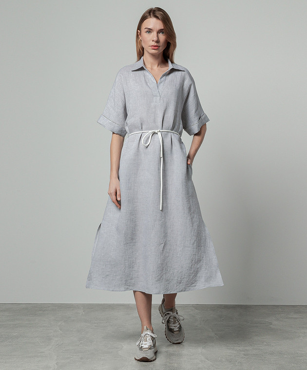Peserico - Gray linen dress with monil chain S02036A02600 - shop with  Greece delivery at Symbol