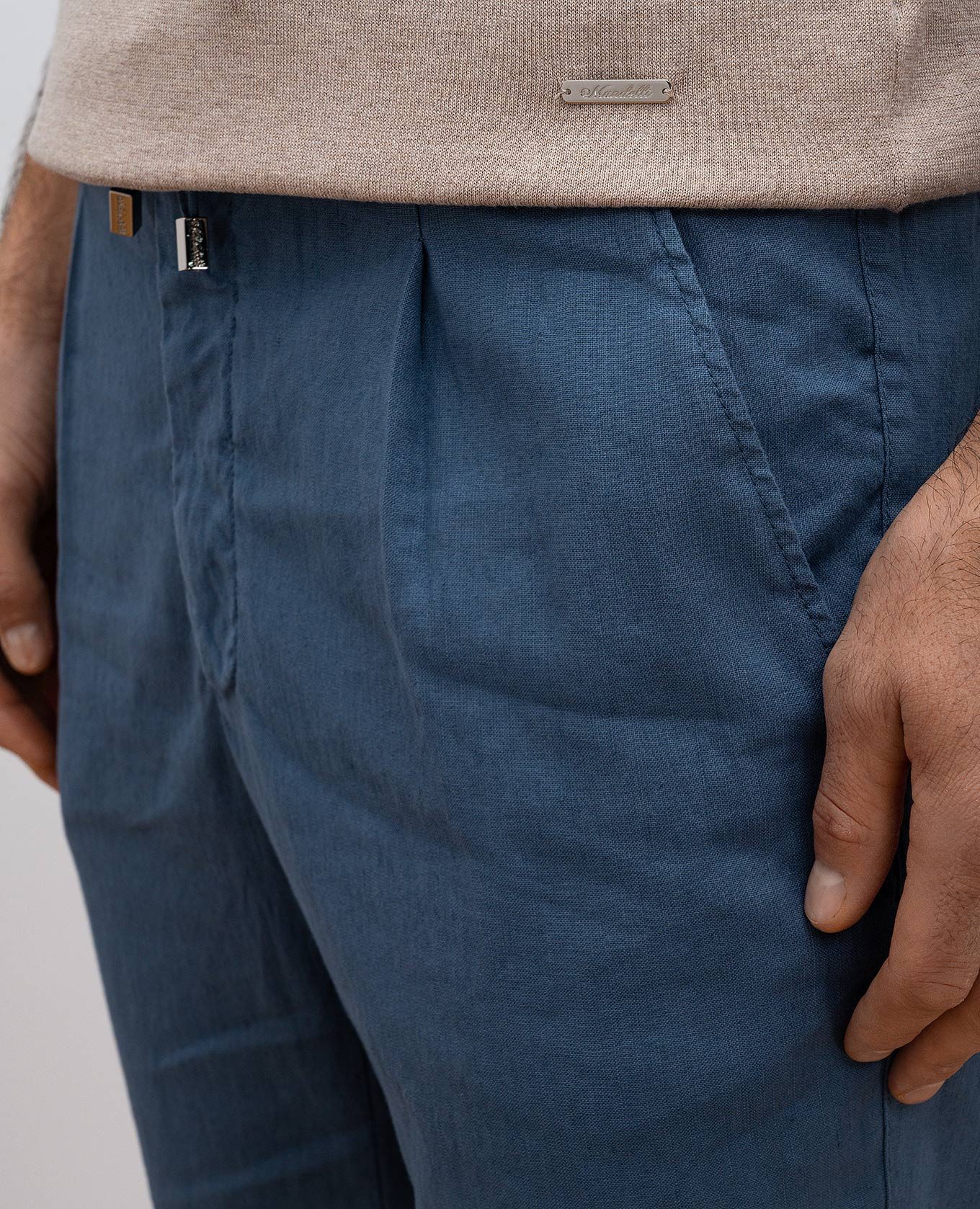 

Blue linen pants with logo Enrico Mandelli
