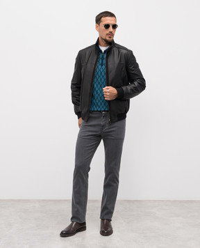 Stefano Ricci Blue wool, cashmere and silk polo shirt with geometric pattern KE04002P30E25362