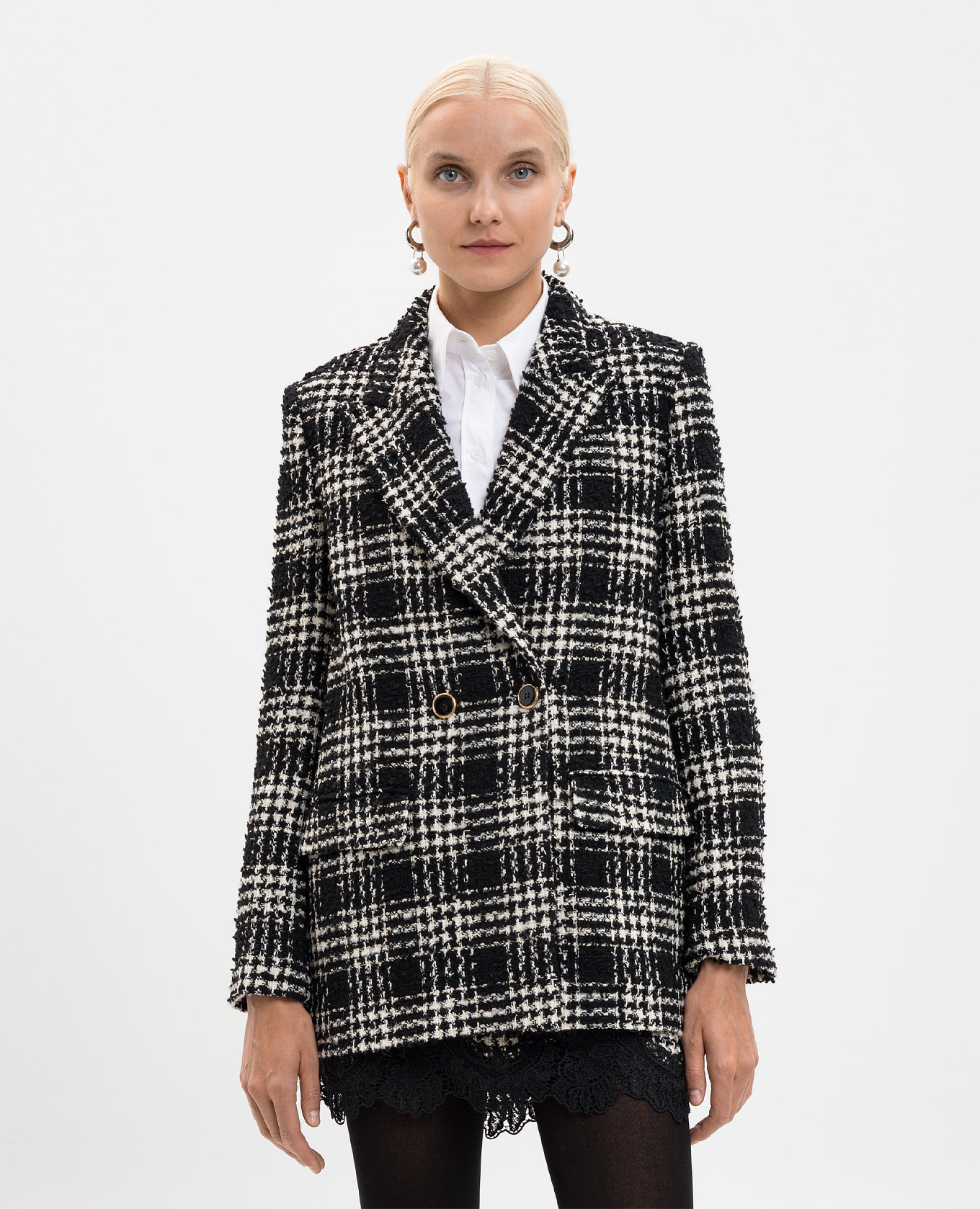 Black tweed double-breasted jacket with checked wool Twinset 3