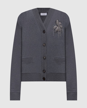 Brunello Cucinelli Cardigan grigio melange con applicazione MH827HR706