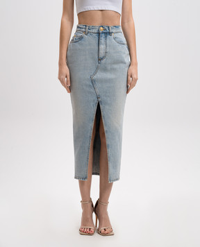 Balmain Blue denim midi skirt with a figure-hugging neckline EF1LD460DF23