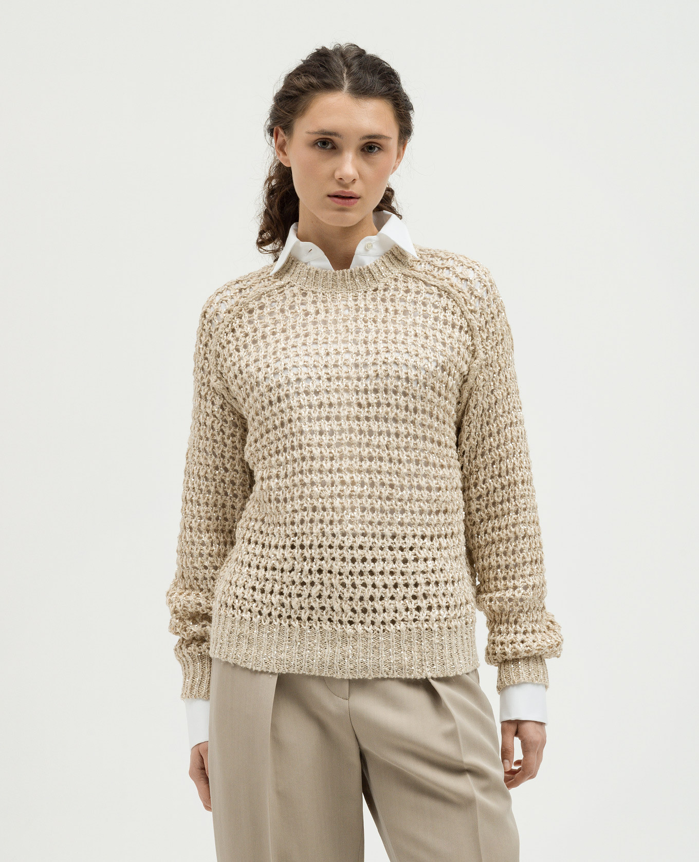 

Beige openwork sweater with silk and linen with sequins Brunello Cucinelli