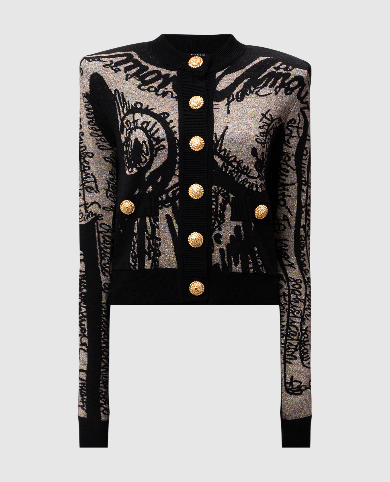 

Black cardigan with wool in a branded pattern with lurex Balmain