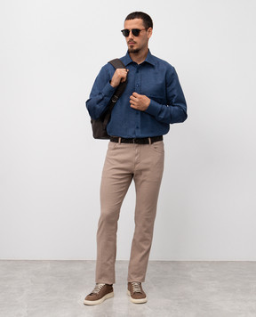 Stefano Ricci Blue linen shirt with embroidered monogram logo MC007718R2952
