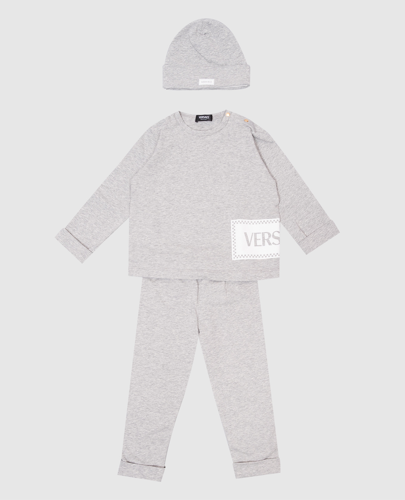 Children&#39;s gray melange set with hat, long sleeve shirt and leggings Versace