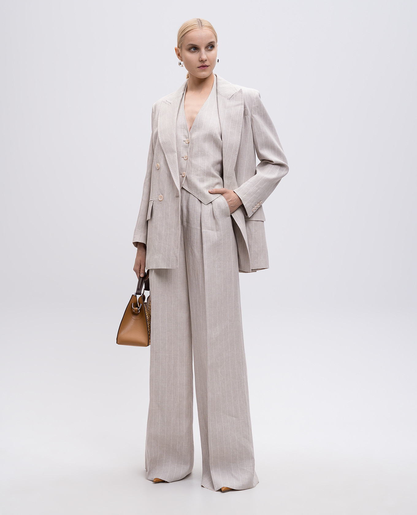 

Beige RAUCHE striped linen palazzo pants Max Mara