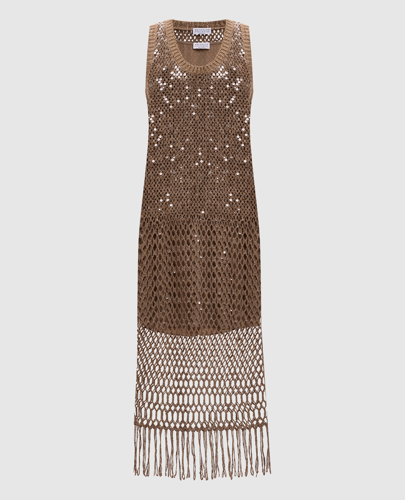 

Brown openwork silk and linen dress with sequins Brunello Cucinelli