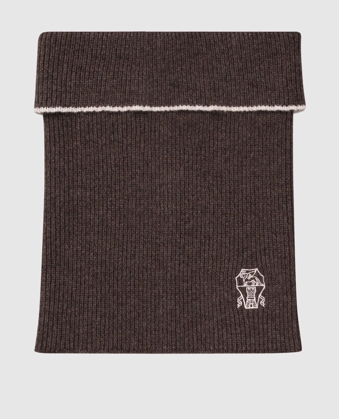 Brown cashmere scarf with embroidered logo emblem Brunello Cucinelli