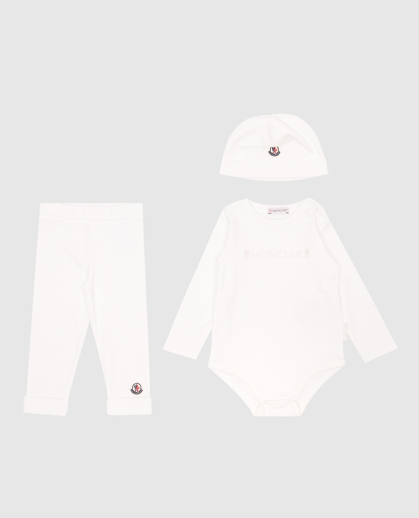 Children&#39;s white set of bodysuit, pants and hat Moncler ENFANT
