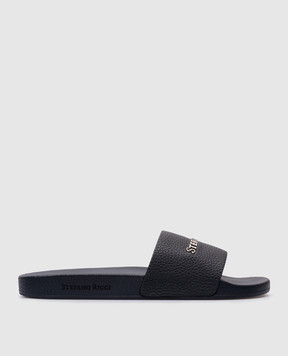 Stefano Ricci Blue leather flip flops with metallic logo UG31G761VD