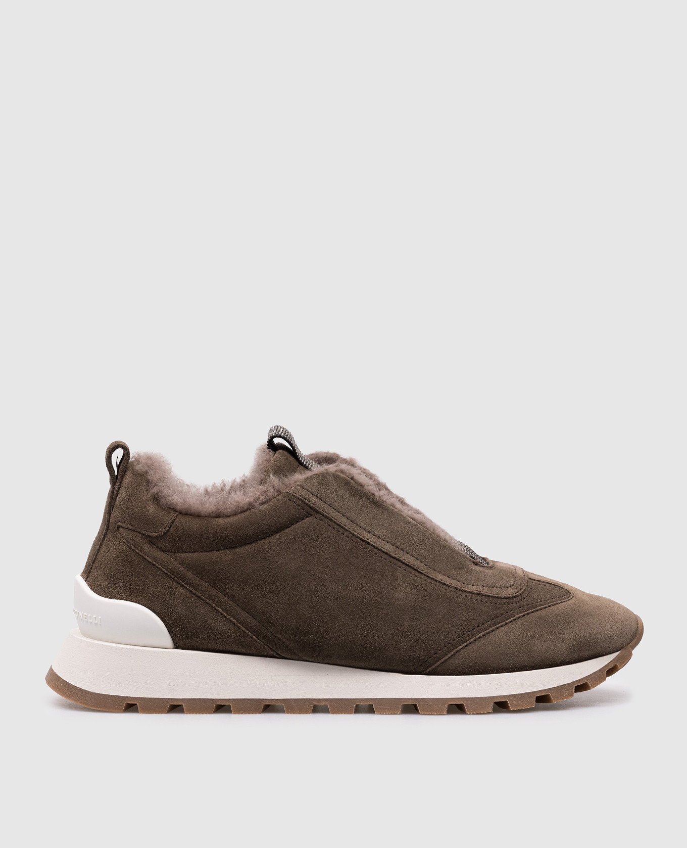 Brown suede sneakers on fur with monil chain brunello cucinelli