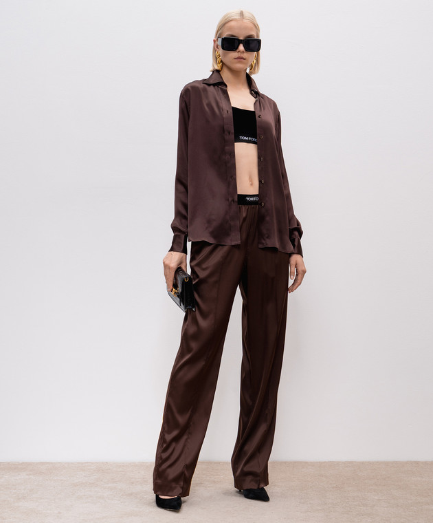 Tom Ford - Brown silk trousers with logo patch PAW397FAX881
