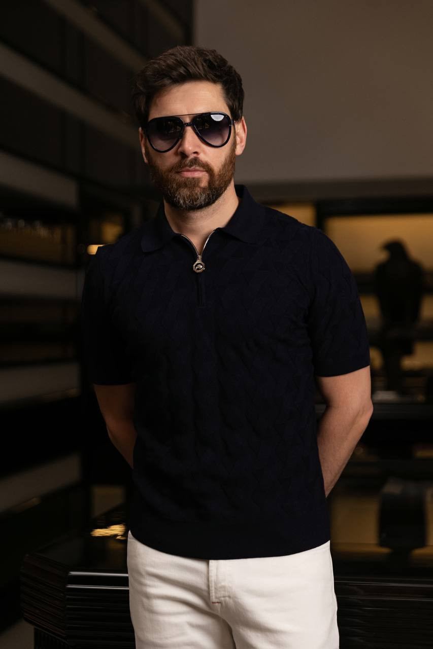 

Blue silk polo shirt with logo emblem pattern Stefano Ricci