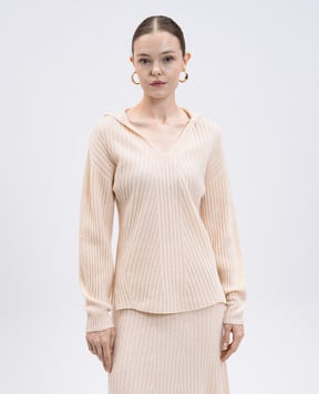 Twinset Beige wool and cashmere pullover with hood 252TP3570