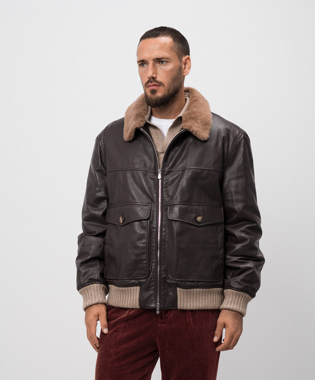 【関税＆送料込み】Brunello Cucinelli Brown Jacket With Cla Brunello Cucinelli - Brown Leather Stand Collar Jacket