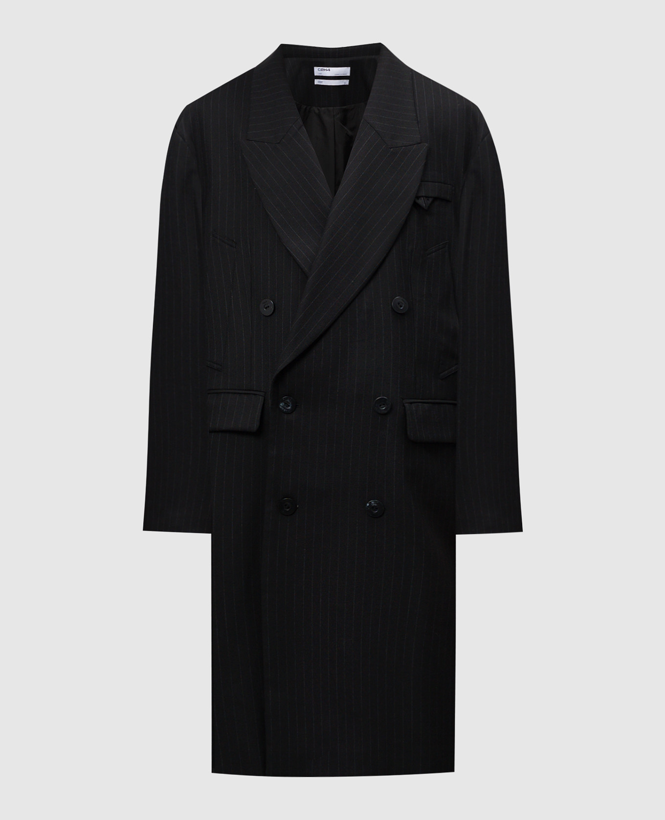 Black double-breasted monsieur coat with striped wool c2h4