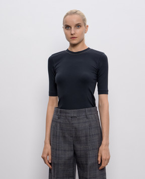 Brunello Cucinelli Blue ribbed top with monil chain MPTC8BJ310