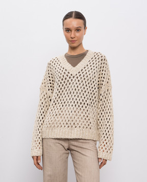 Brunello Cucinelli Beige openwork sweater with sequins MEA338202