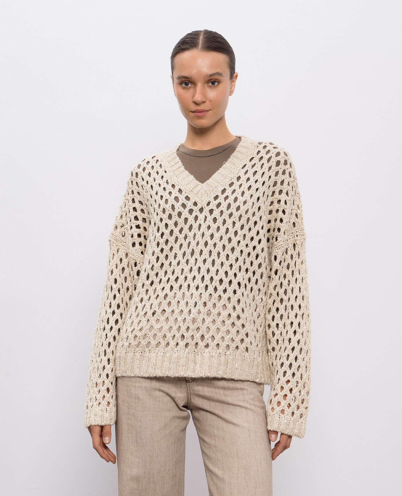 

Beige openwork sweater with sequins Brunello Cucinelli