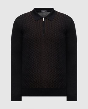 Bertolo Cashmere Black wool and silk polo shirt with geometric pattern 902518002531