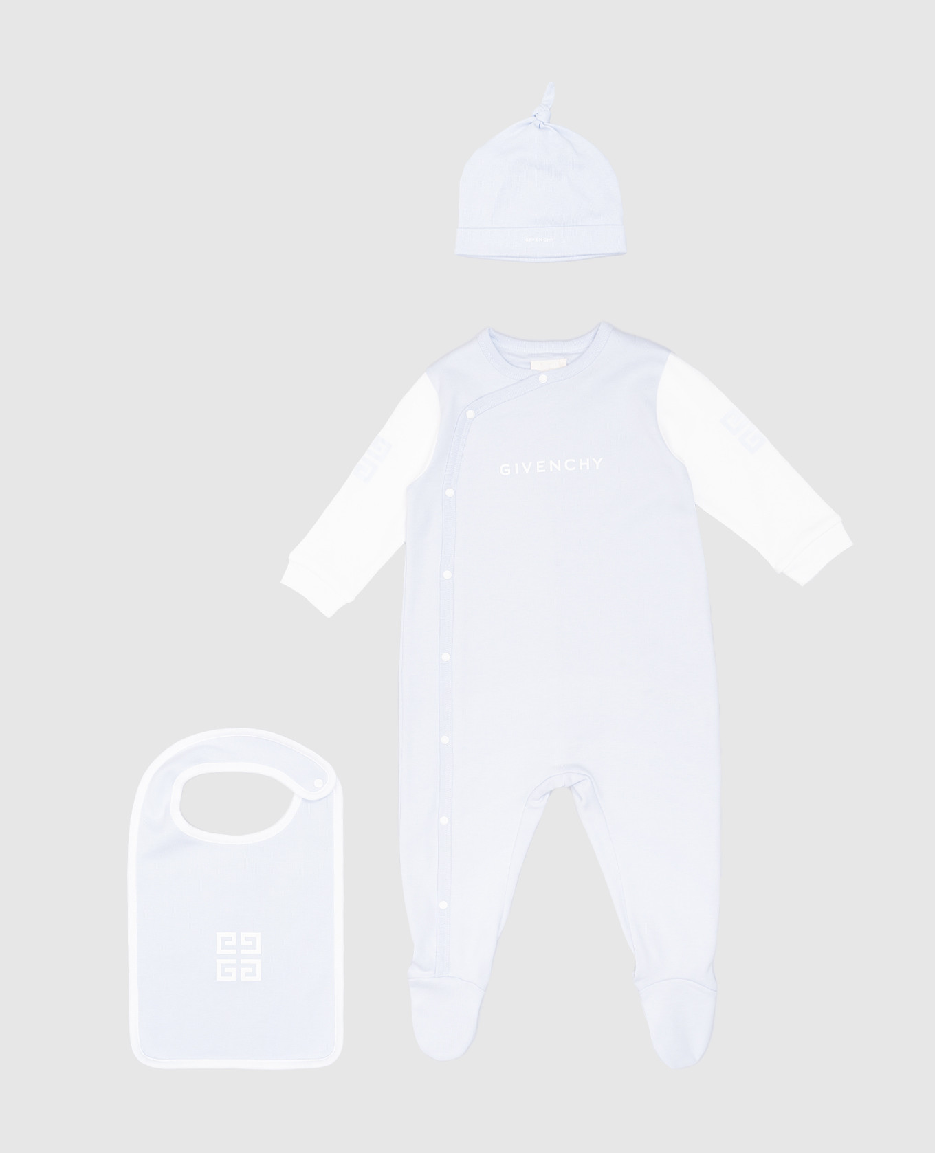 Baby blue set of overalls, hat and bib with logo Givenchy