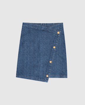 Balmain Children's blue denim skirt with branded print BX7A91D00381214