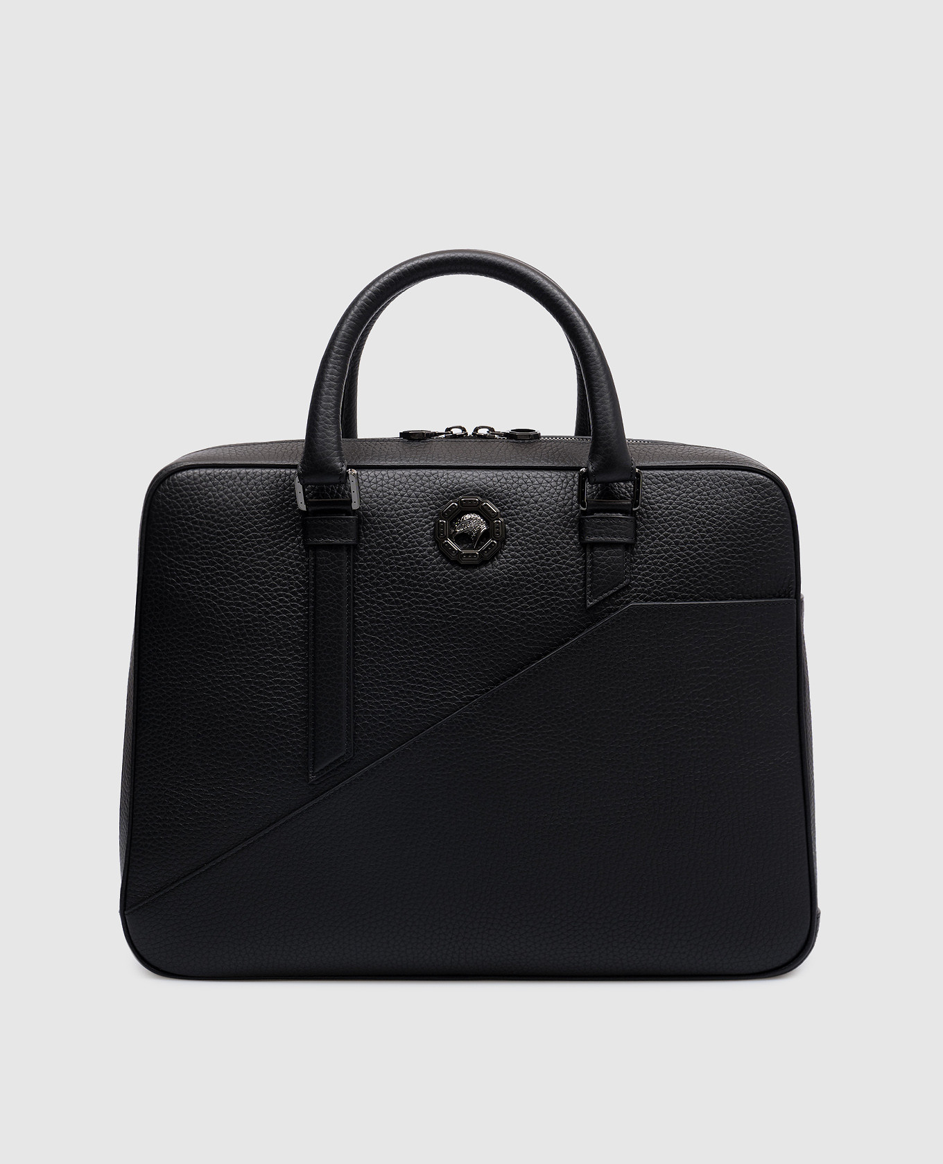 

Black leather briefcase with ruthenium-plated metal emblem Stefano Ricci