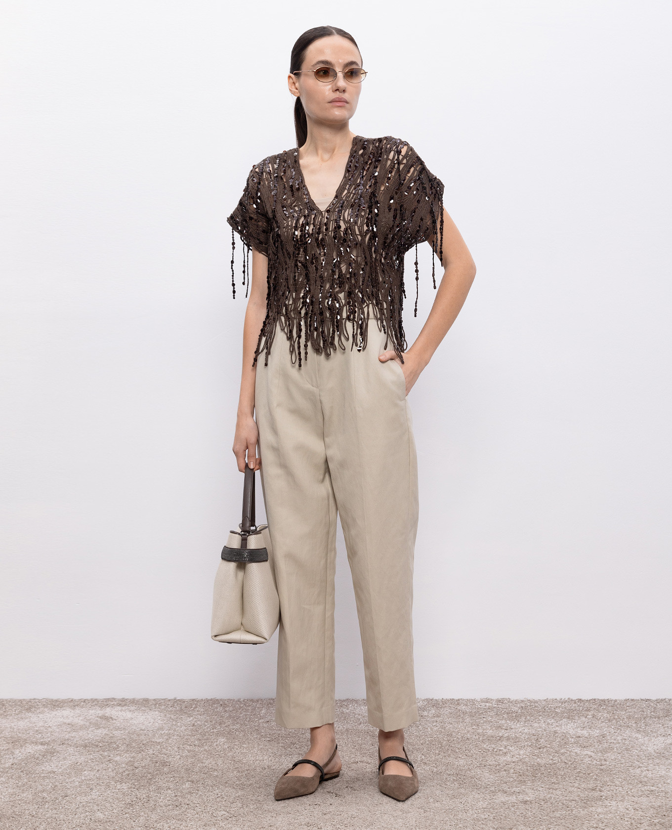 

Brown openwork top with sequins Brunello Cucinelli