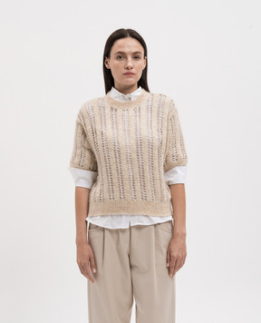 Brunello Cucinelli Beige openwork top made of wool with sequins MCM510600P