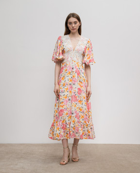 byTimo Beige dress with linen in a floral print with lace 2420575